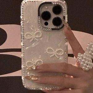 Faux-Pearl Bow Glitter Rhinestone Shell Pattern iPhone Case Stylish Bling Back Cover Waterproof Shockproof Anti-Fall Scratch Resistant