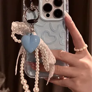 Heart-Shaped blue Pearl Pendant Phone Case, Blue , Stylish And Shock-Absorbing Soft Back Cover