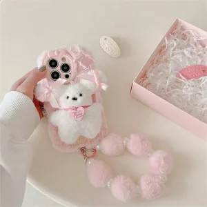 Fluffy-Bow Puppy Design iPhone Case, Cute Protective Cover