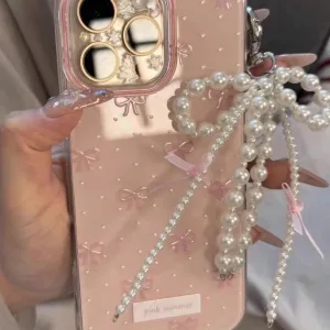Wavy-Pointed Pink Bow Pearl Pendant iPhone Case, Jelly Texture, Creative Shock-Proof Protective Cover