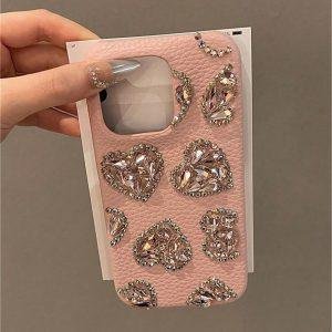 Lychee-Texture Pink Heart Rhinestone iPhone Case