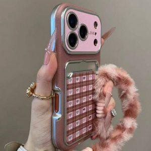Cute Plaid Heart Card Holder Faux Leather Phone Case, With Fluffy Wrist Strap, Matte Protective Cover